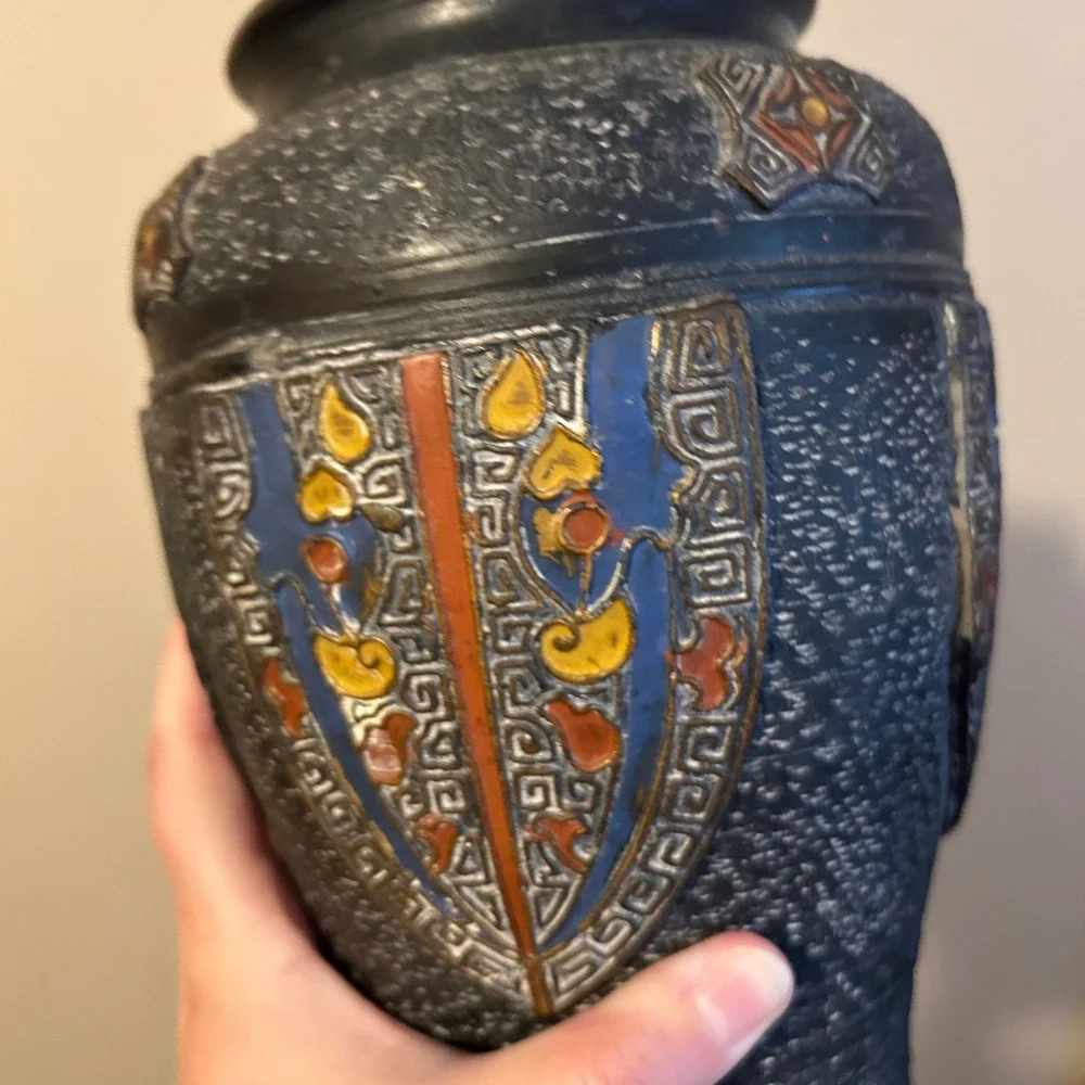 Vintage Japanese Vase Tokanabe Enamed Black Pottery Art Nouveau 1920s 30s